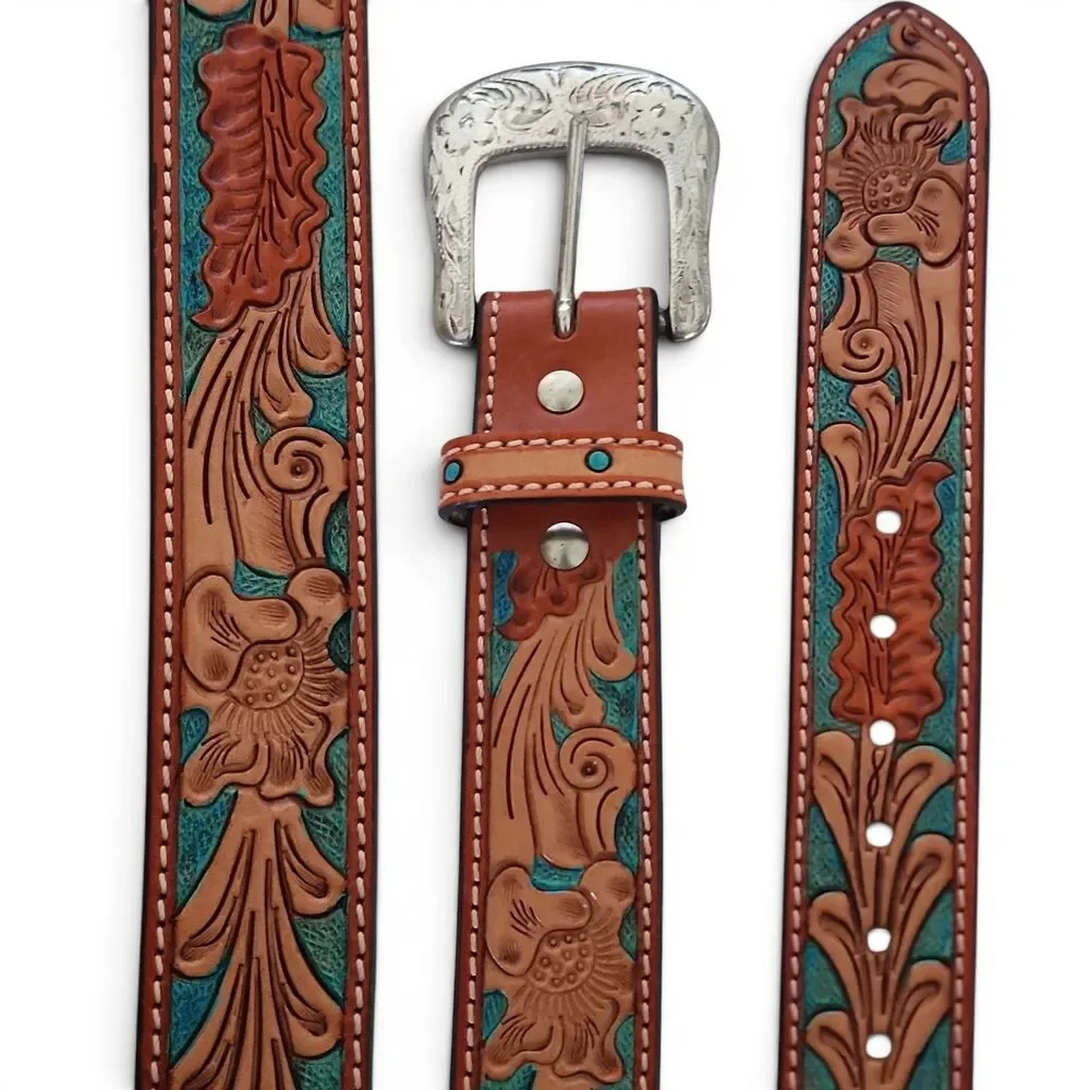 Ranger Belt Co Western Floral Leather Belt Turquoise Tooled Size 36 38 40 42 44